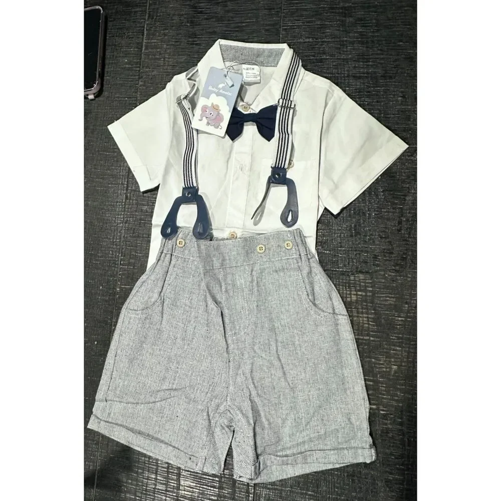Toddler Boy Gentleman Outfits Short Sleeve Shirt w Bowtie Suspender Shorts